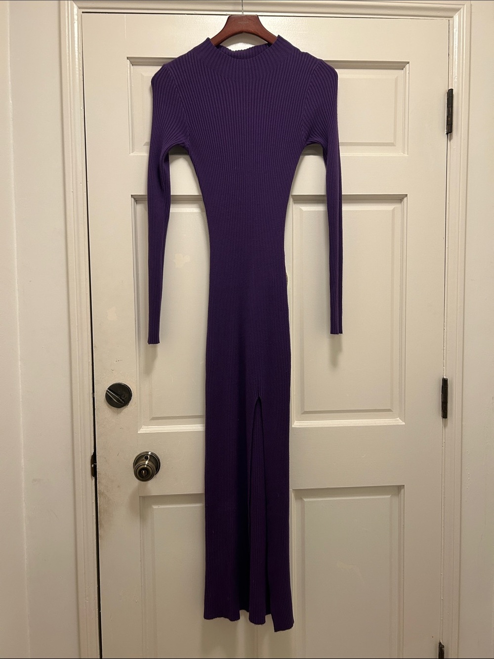 Q2 Purple Ribbed Long Sleeve Maxi Dress with Front Slit